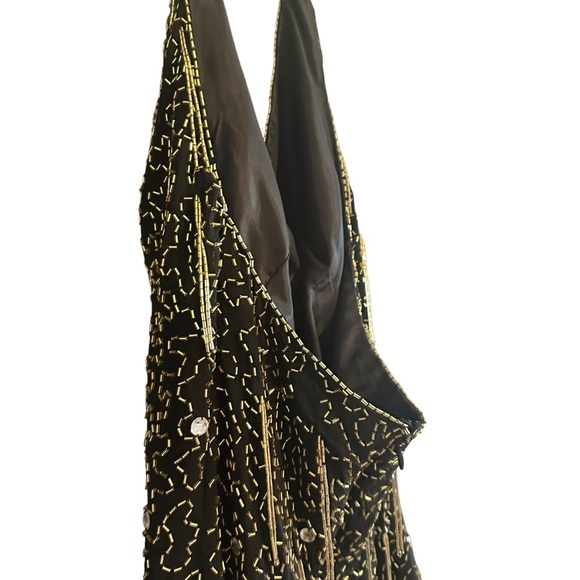 Vintage De Oscar Collection 100% Silk Beaded Fringe Halter Midi Dress Sz 8 EUC - Picture 9 of 16